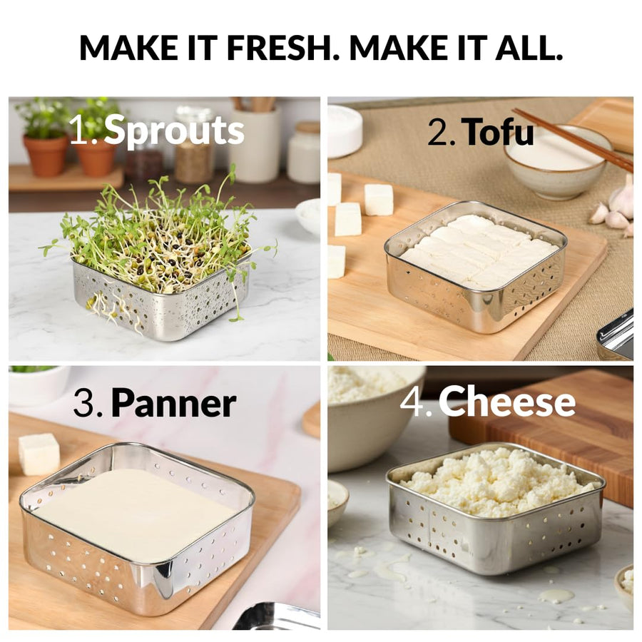 Stainless Steel Paneer Maker 450ml with Perforated Separator, Manual Paneer Press for Homemade Paneer, Chhena & Tofu
