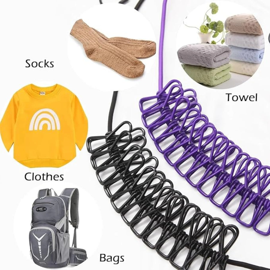 Cloth Drying Rope with 12 Clips, Stretchable Design